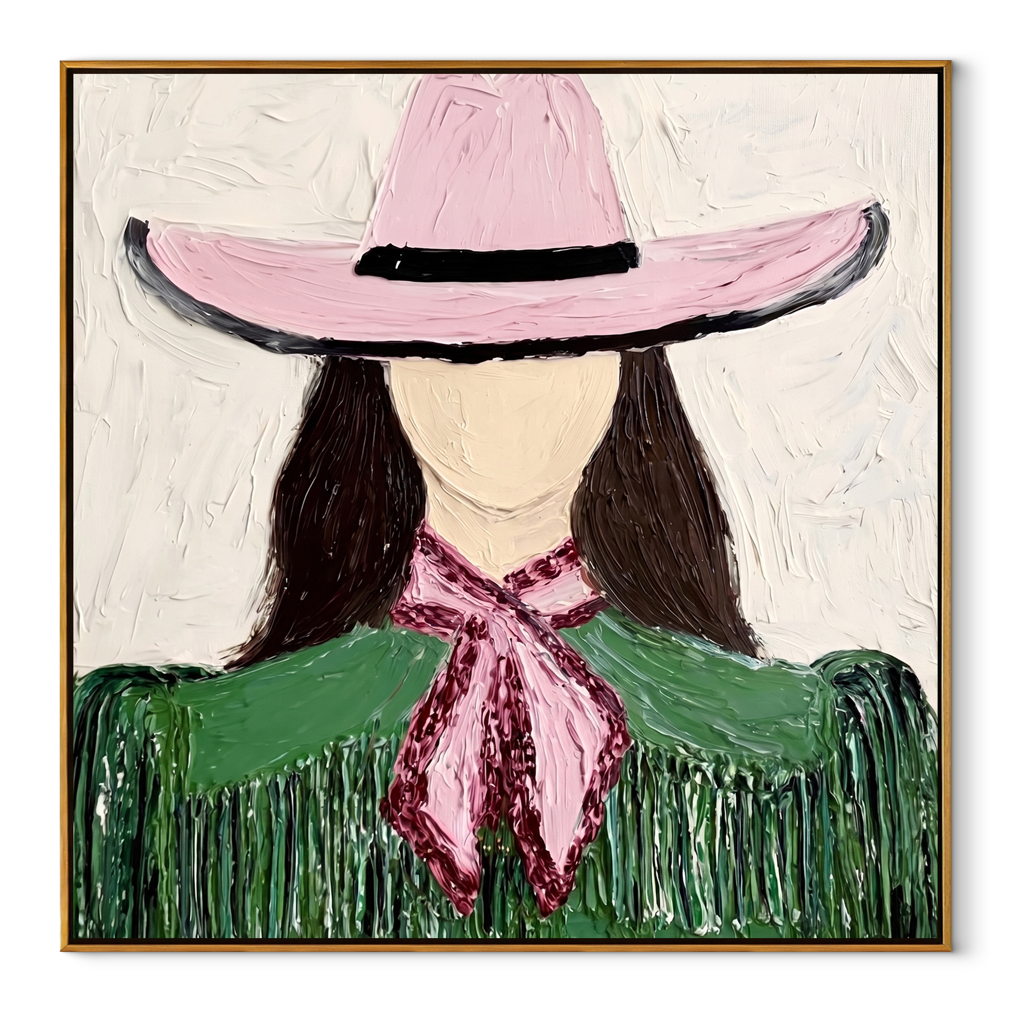Pink Brim Shelters Green Fringe - Pink Hat Green Figure painting by Adrian Lee, mid-century modern square wall art – wood frame on white background