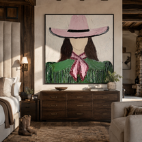Pink Brim Shelters Green Fringe - Pink Hat Green Figure painting by Adrian Lee, mid-century modern square wall art – styled room scene view 2