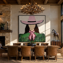 Pink Brim Shelters Green Fringe - Pink Hat Green Figure painting by Adrian Lee, mid-century modern square wall art – styled room scene view 3