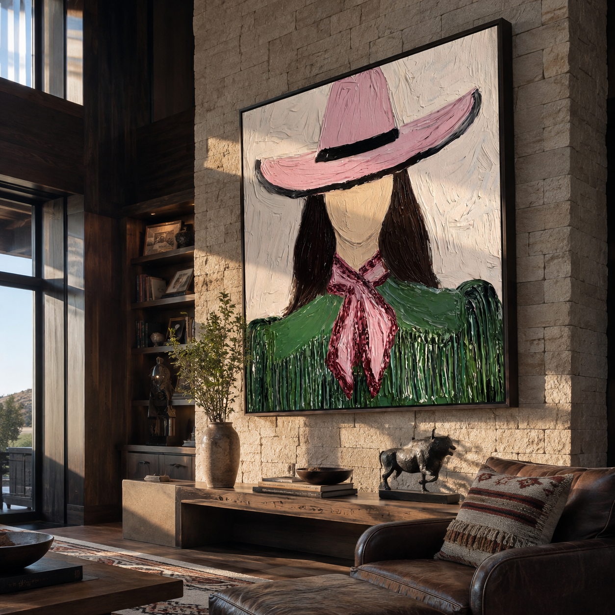 Pink Brim Shelters Green Fringe - Pink Hat Green Figure painting by Adrian Lee, mid-century modern square wall art – styled room scene view 4