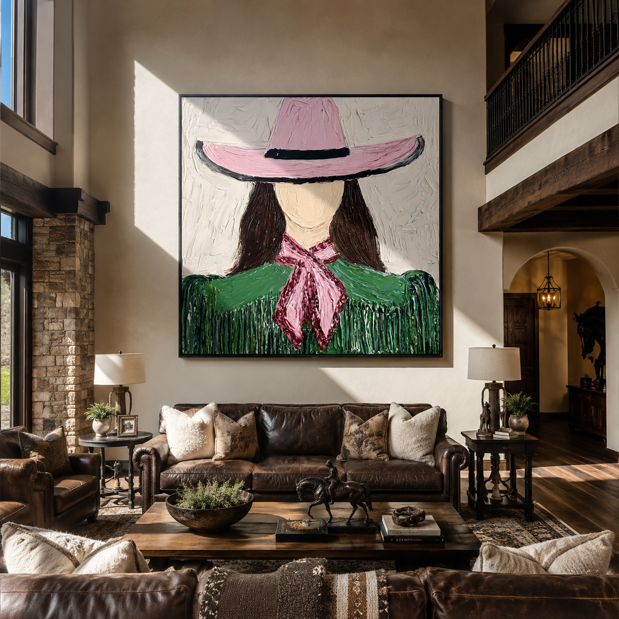 Pink Brim Shelters Green Fringe - Pink Hat Green Figure painting by Adrian Lee, mid-century modern square wall art – styled room scene view 5