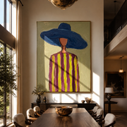 Cobalt Brim Crowns Olive Lines - Blue Hat Striped Portrait painting by Adrian Lee, mid-century modern vertical wall art – styled room scene view 1