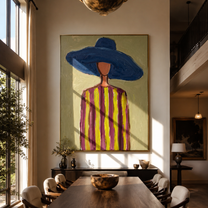 Cobalt Brim Crowns Olive Lines - Blue Hat Striped Portrait painting by Adrian Lee, mid-century modern vertical wall art – styled room scene view 1