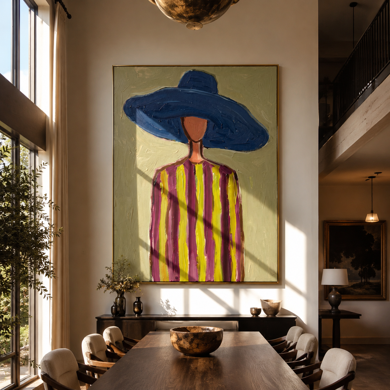 Cobalt Brim Crowns Olive Lines - Blue Hat Striped Portrait painting by Adrian Lee, mid-century modern vertical wall art – styled room scene view 1