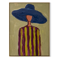 Cobalt Brim Crowns Olive Lines - Blue Hat Striped Portrait painting by Adrian Lee, mid-century modern vertical wall art – wood frame on white background