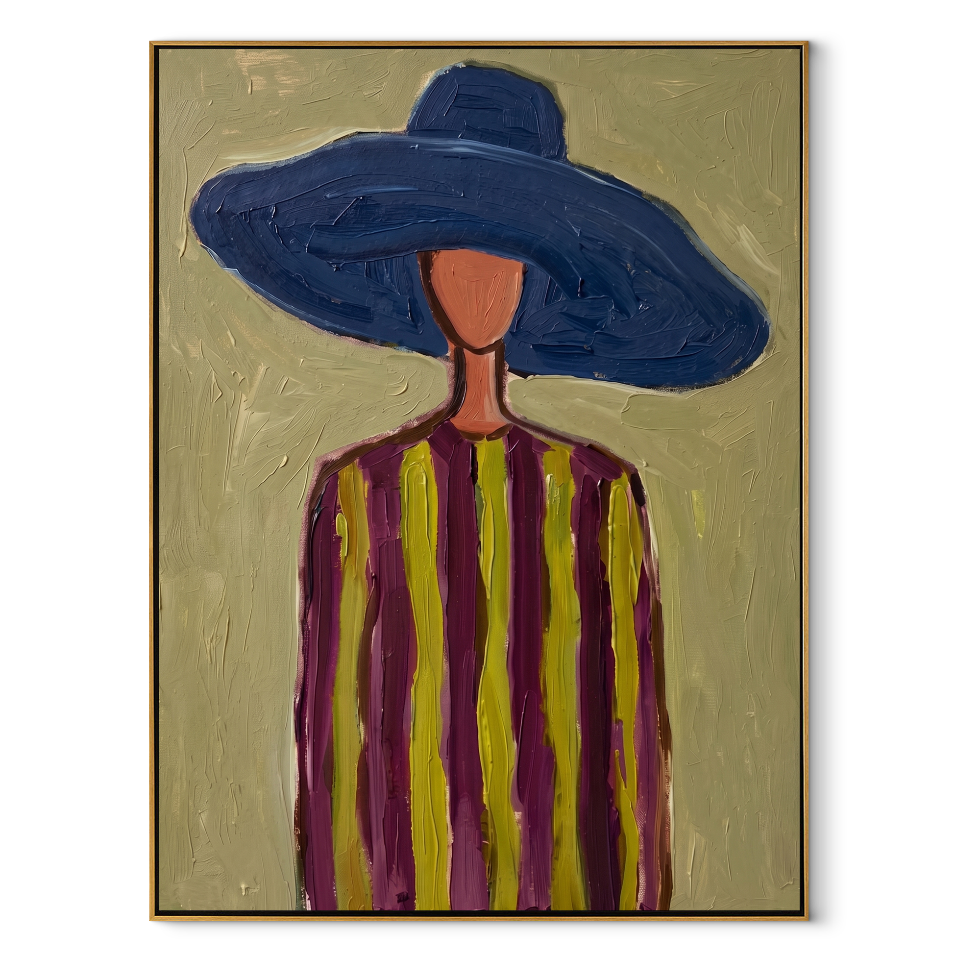 Cobalt Brim Crowns Olive Lines - Blue Hat Striped Portrait painting by Adrian Lee, mid-century modern vertical wall art – wood frame on white background