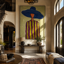 Cobalt Brim Crowns Olive Lines - Blue Hat Striped Portrait painting by Adrian Lee, mid-century modern vertical wall art – styled room scene view 2