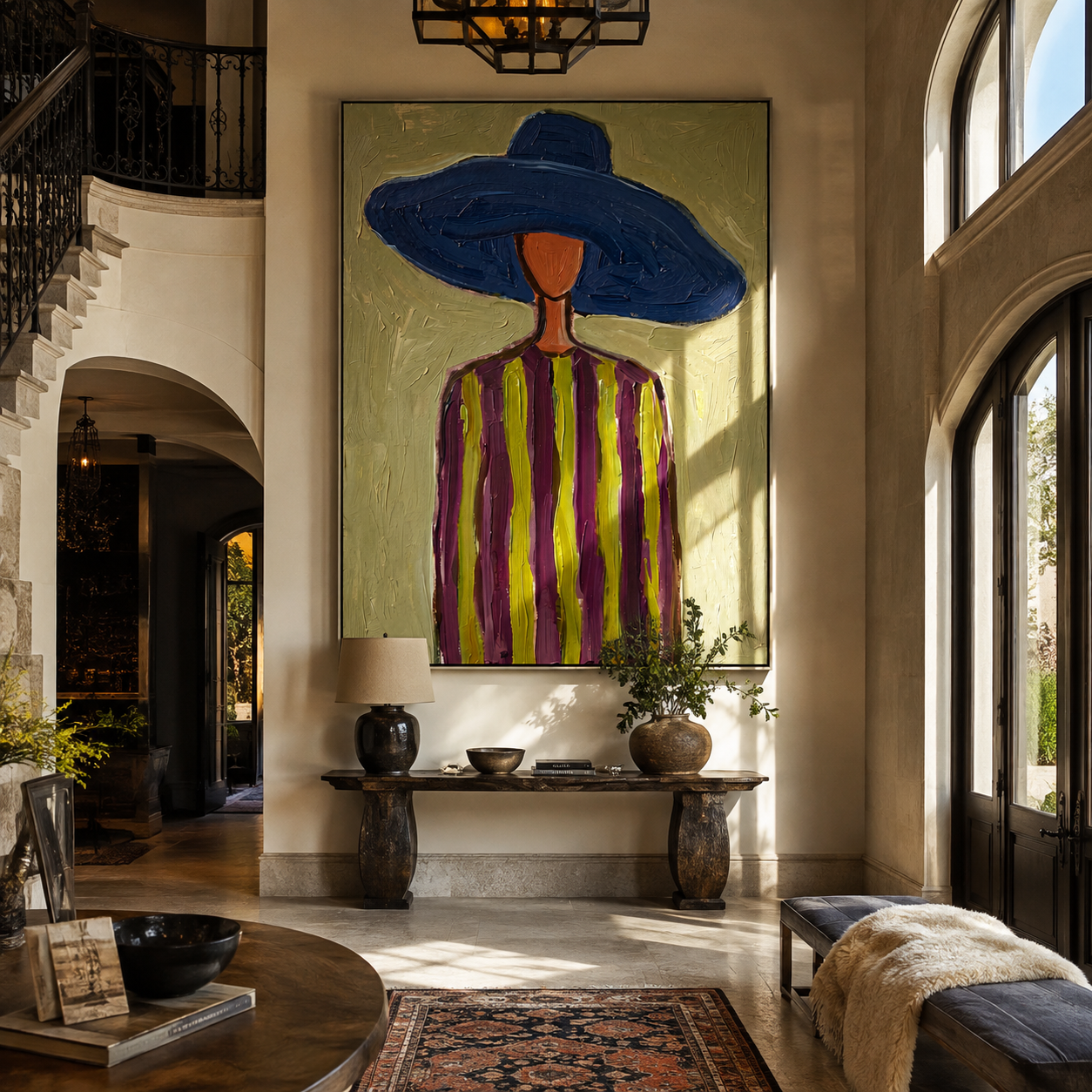 Cobalt Brim Crowns Olive Lines - Blue Hat Striped Portrait painting by Adrian Lee, mid-century modern vertical wall art – styled room scene view 2