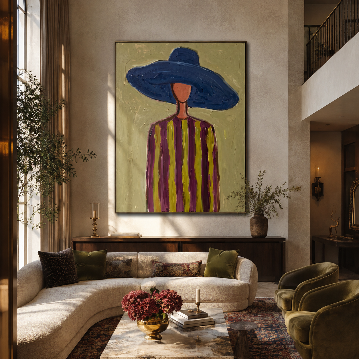 Cobalt Brim Crowns Olive Lines - Blue Hat Striped Portrait painting by Adrian Lee, mid-century modern vertical wall art – styled room scene view 3