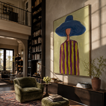 Cobalt Brim Crowns Olive Lines - Blue Hat Striped Portrait painting by Adrian Lee, mid-century modern vertical wall art – styled room scene view 4