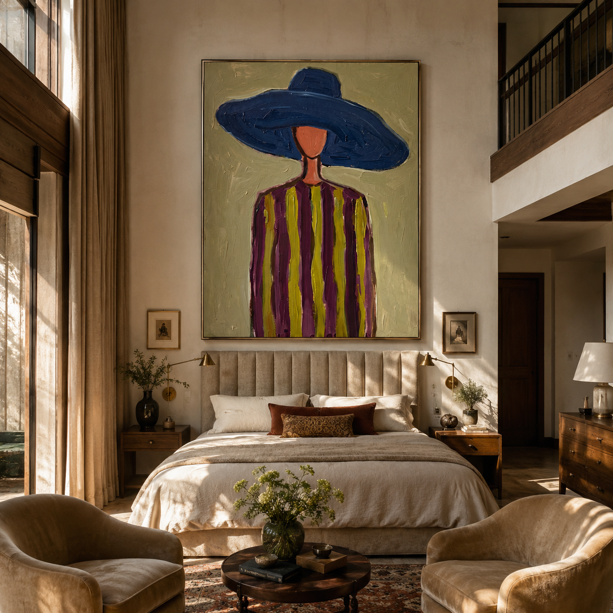 Cobalt Brim Crowns Olive Lines - Blue Hat Striped Portrait painting by Adrian Lee, mid-century modern vertical wall art – styled room scene view 5