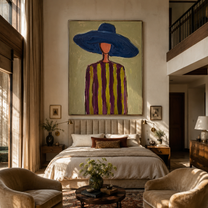 Cobalt Brim Crowns Olive Lines - Blue Hat Striped Portrait painting by Adrian Lee, mid-century modern vertical wall art – styled room scene view 5