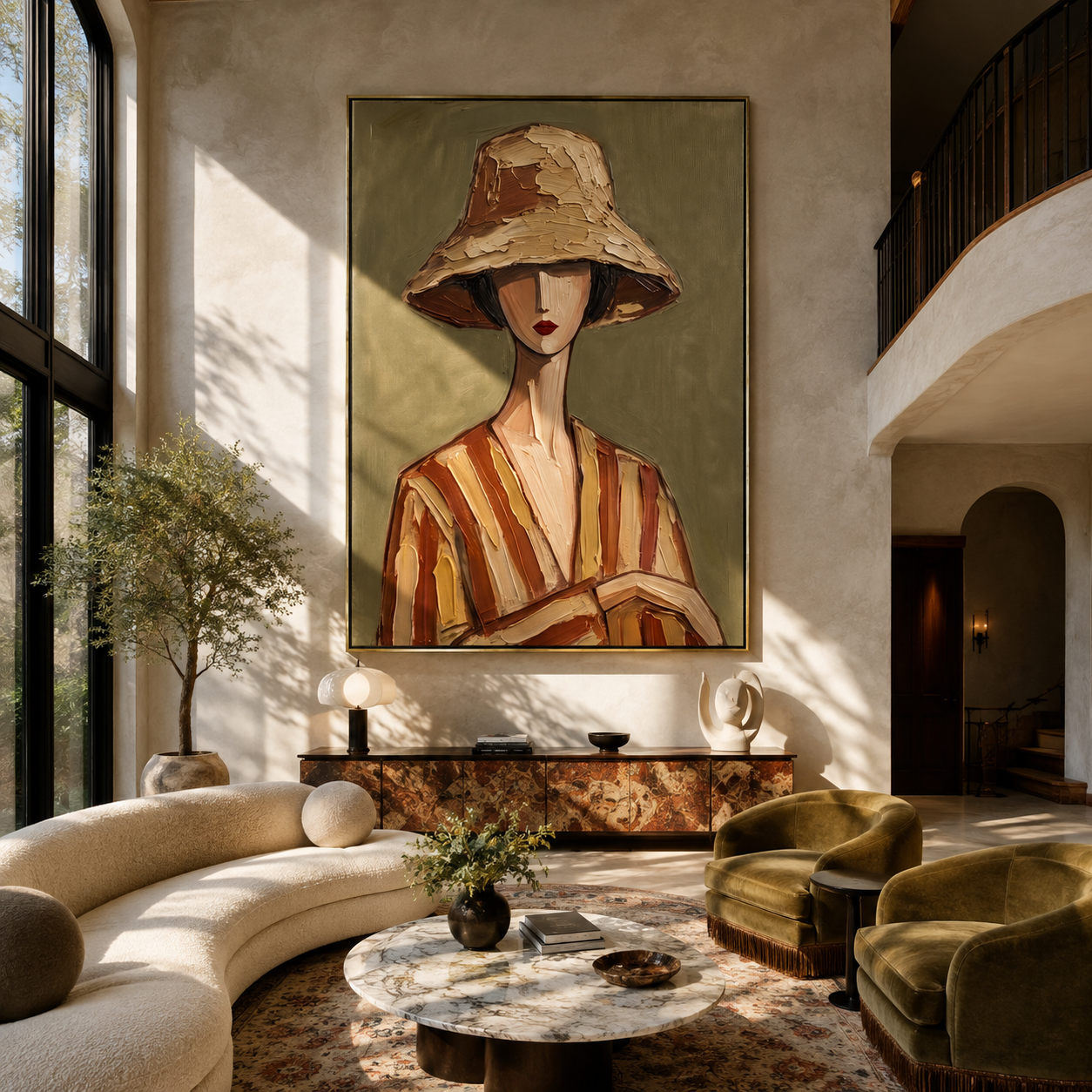 Clay Hat Holds Quiet Hands - Clay Stripe Woman Portrait painting by Adrian Lee, mid-century modern vertical wall art – styled room scene view 1