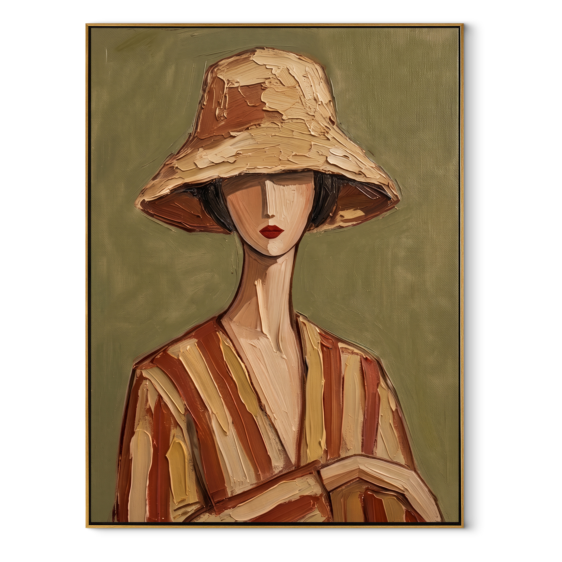 Clay Hat Holds Quiet Hands - Clay Stripe Woman Portrait painting by Adrian Lee, mid-century modern vertical wall art – wood frame on white background