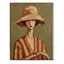 Clay Hat Holds Quiet Hands - Clay Stripe Woman Portrait painting by Adrian Lee, mid-century modern vertical wall art – wood frame on white background