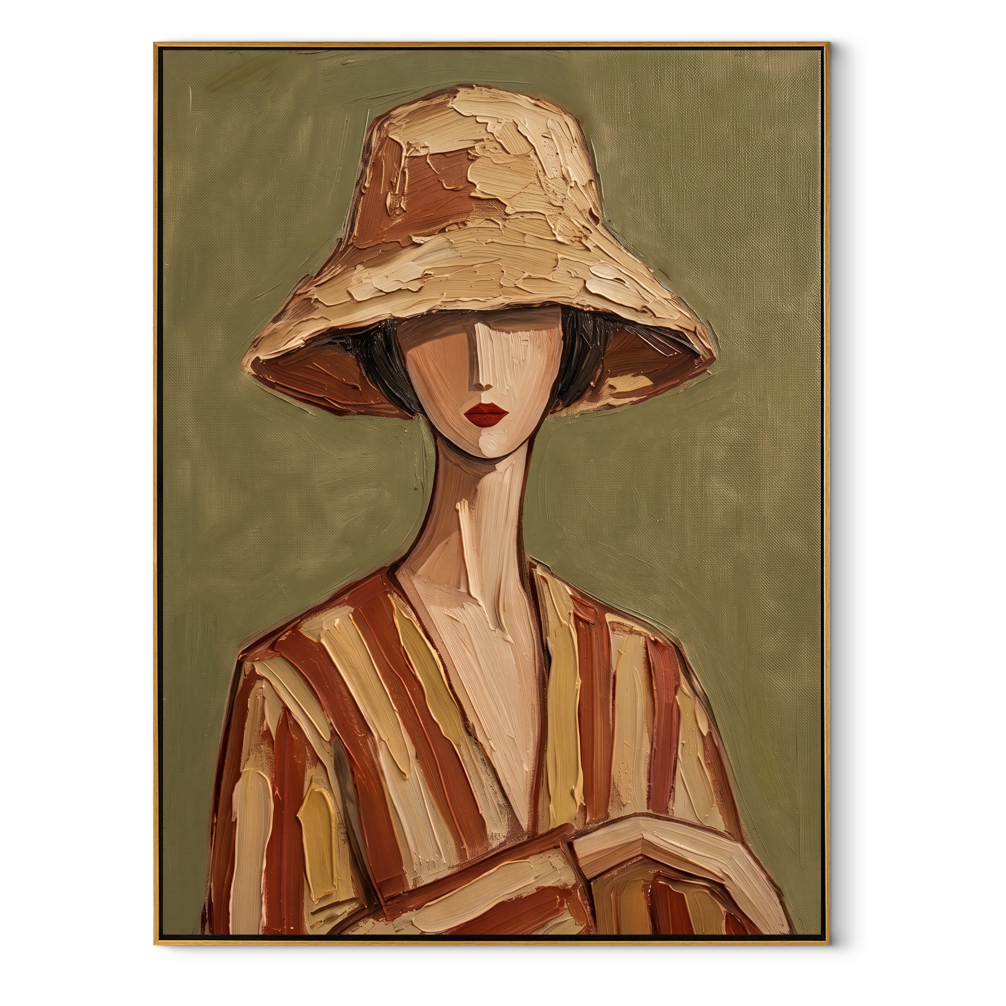Clay Hat Holds Quiet Hands - Clay Stripe Woman Portrait painting by Adrian Lee, mid-century modern vertical wall art – wood frame on white background