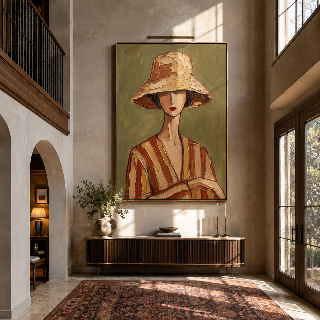 Clay Hat Holds Quiet Hands - Clay Stripe Woman Portrait painting by Adrian Lee, mid-century modern vertical wall art – styled room scene view 2