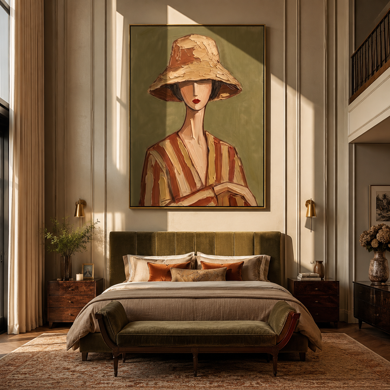 Clay Hat Holds Quiet Hands - Clay Stripe Woman Portrait painting by Adrian Lee, mid-century modern vertical wall art – styled room scene view 3