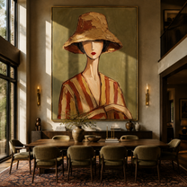 Clay Hat Holds Quiet Hands - Clay Stripe Woman Portrait painting by Adrian Lee, mid-century modern vertical wall art – styled room scene view 4