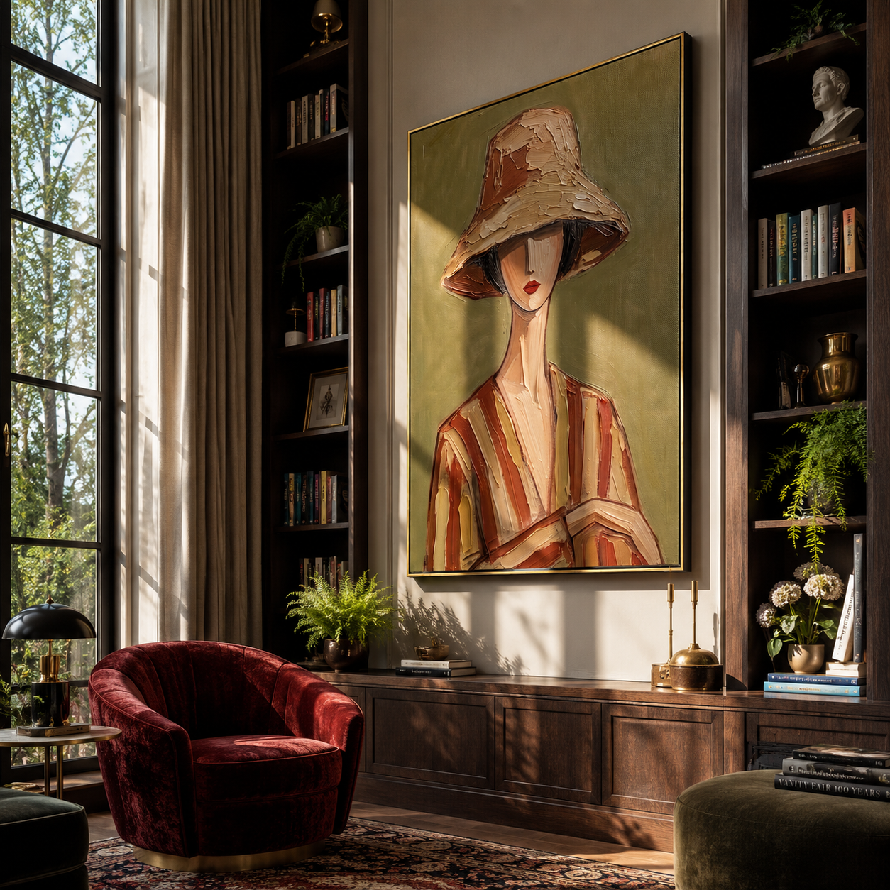 Clay Hat Holds Quiet Hands - Clay Stripe Woman Portrait painting by Adrian Lee, mid-century modern vertical wall art – styled room scene view 5