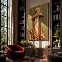 Clay Hat Holds Quiet Hands - Clay Stripe Woman Portrait painting by Adrian Lee, mid-century modern vertical wall art – styled room scene view 5