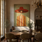 Coral Brim Meets Sage - Coral Hat Striped Figure painting by Adrian Lee, mid-century modern vertical wall art – styled room scene view 1