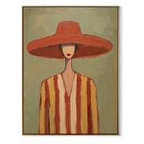 Coral Brim Meets Sage - Coral Hat Striped Figure painting by Adrian Lee, mid-century modern vertical wall art – wood frame on white background
