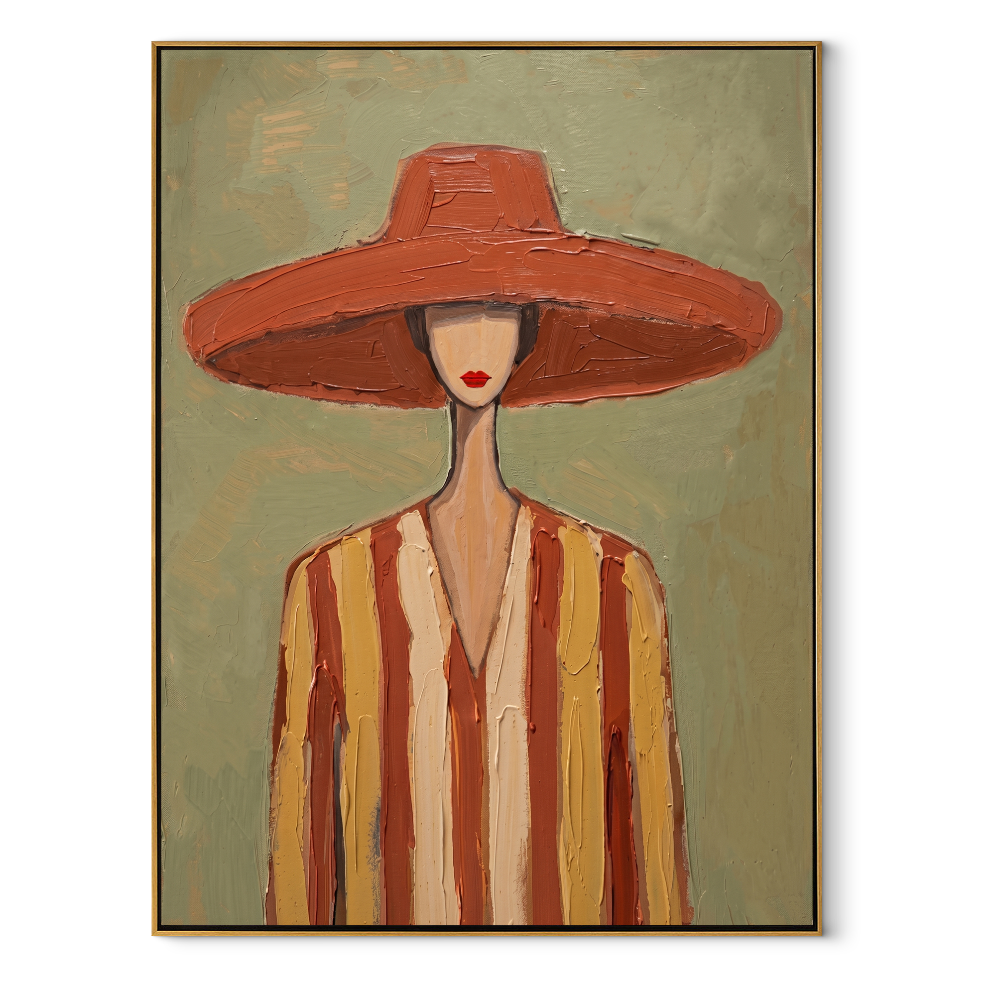 Coral Brim Meets Sage - Coral Hat Striped Figure painting by Adrian Lee, mid-century modern vertical wall art – wood frame on white background