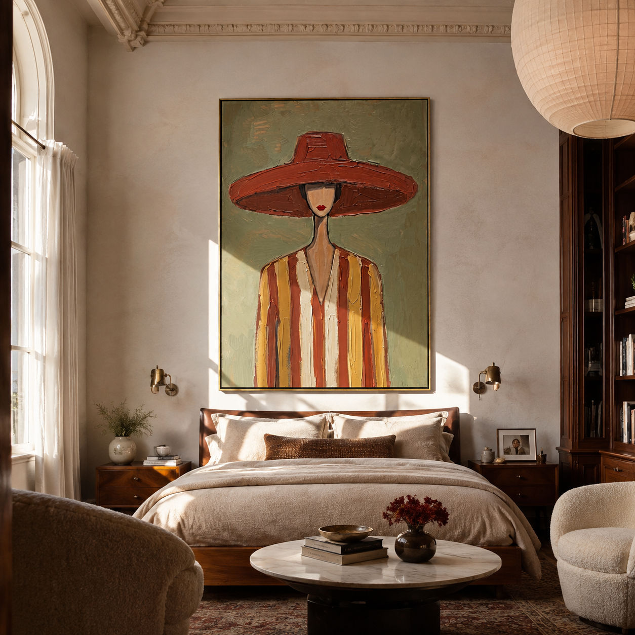 Coral Brim Meets Sage - Coral Hat Striped Figure painting by Adrian Lee, mid-century modern vertical wall art – styled room scene view 2