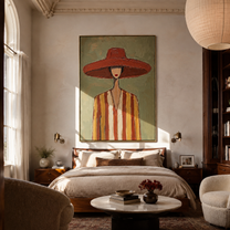 Coral Brim Meets Sage - Coral Hat Striped Figure painting by Adrian Lee, mid-century modern vertical wall art – styled room scene view 2