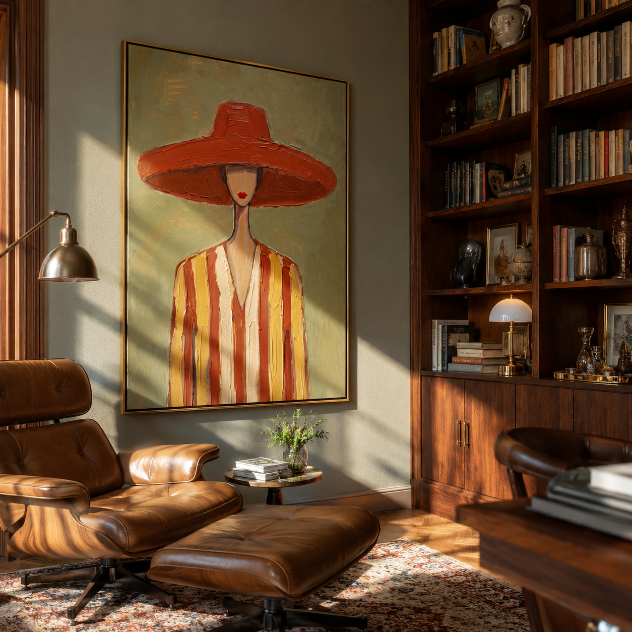 Coral Brim Meets Sage - Coral Hat Striped Figure painting by Adrian Lee, mid-century modern vertical wall art – styled room scene view 3