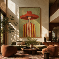 Coral Brim Meets Sage - Coral Hat Striped Figure painting by Adrian Lee, mid-century modern vertical wall art – styled room scene view 4