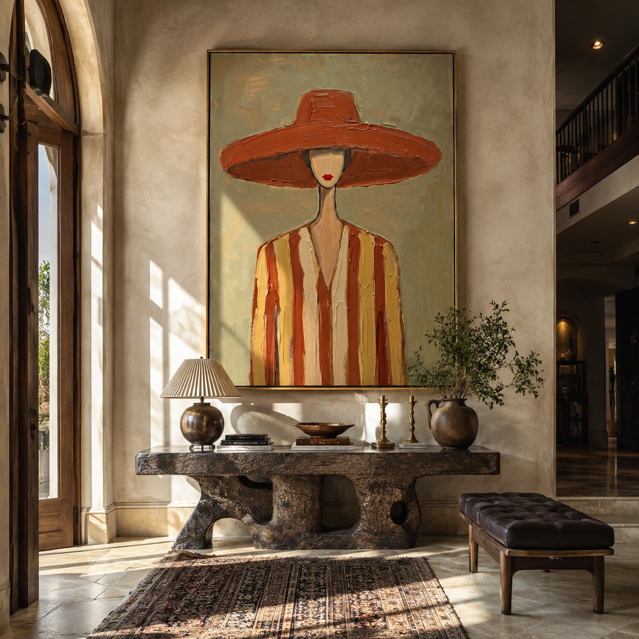 Coral Brim Meets Sage - Coral Hat Striped Figure painting by Adrian Lee, mid-century modern vertical wall art – styled room scene view 5