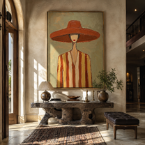 Coral Brim Meets Sage - Coral Hat Striped Figure painting by Adrian Lee, mid-century modern vertical wall art – styled room scene view 5