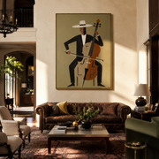 White Brim Conducts the Cello - Abstract Cellist Figure painting by Adrian Lee, mid-century modern vertical wall art – styled room scene view 1
