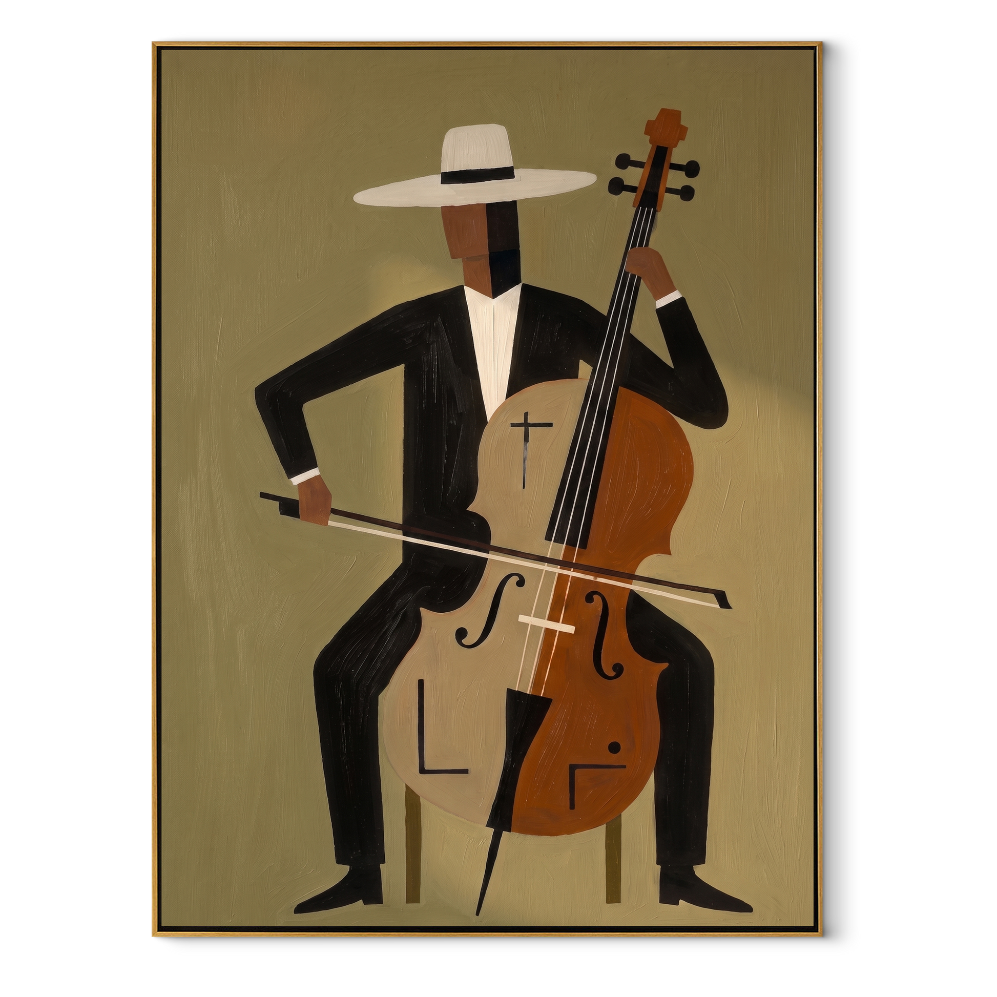 White Brim Conducts the Cello - Abstract Cellist Figure painting by Adrian Lee, mid-century modern vertical wall art – wood frame on white background