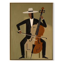 White Brim Conducts the Cello - Abstract Cellist Figure painting by Adrian Lee, mid-century modern vertical wall art – wood frame on white background