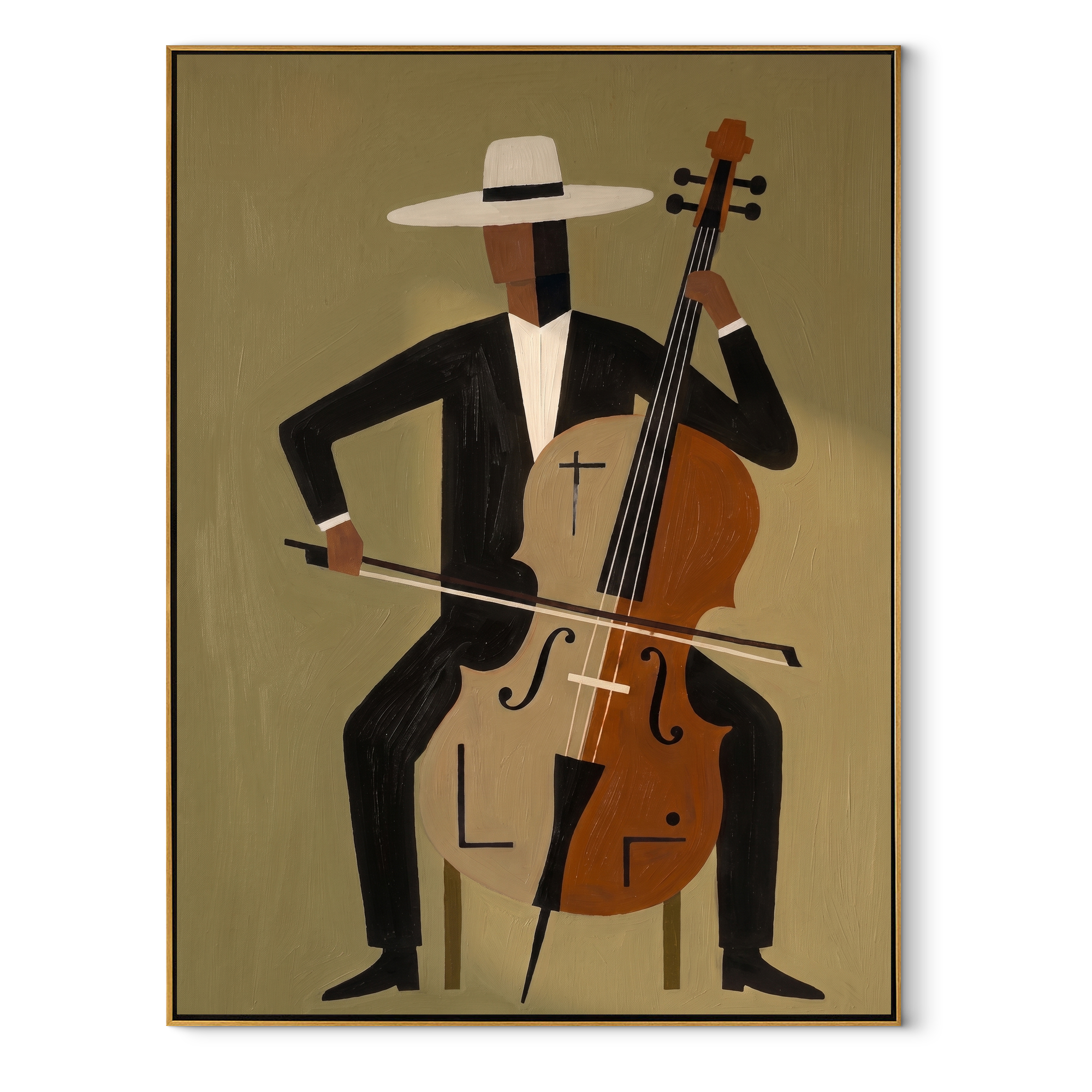 White Brim Conducts the Cello - Abstract Cellist Figure painting by Adrian Lee, mid-century modern vertical wall art – wood frame on white background