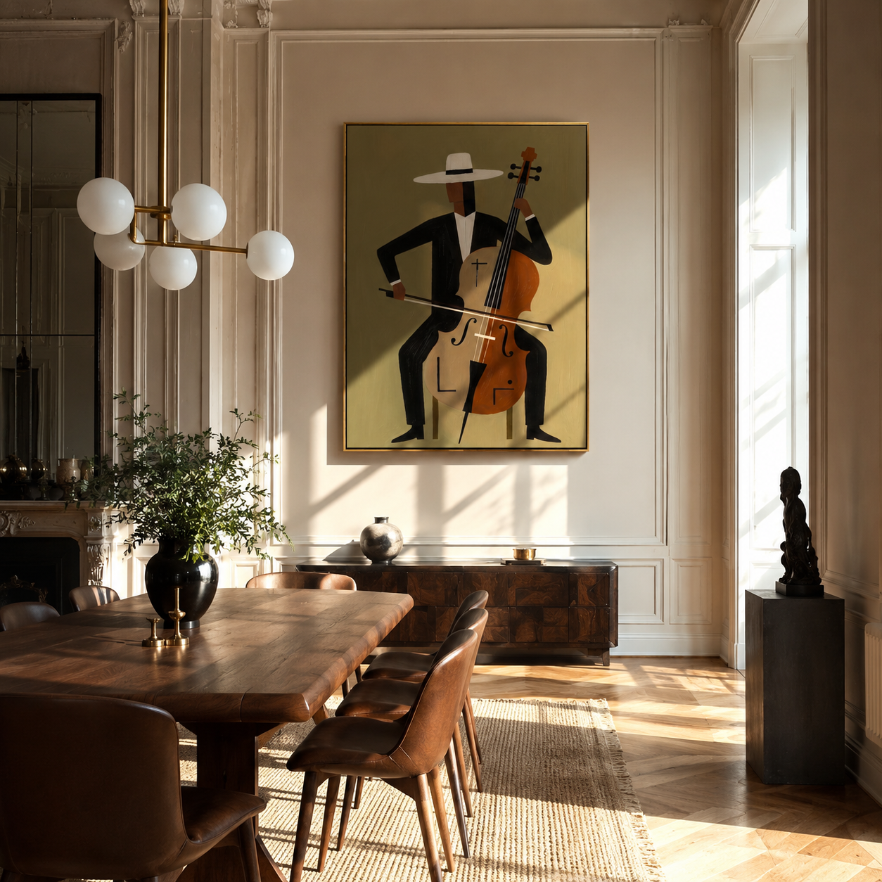 White Brim Conducts the Cello - Abstract Cellist Figure painting by Adrian Lee, mid-century modern vertical wall art – styled room scene view 2