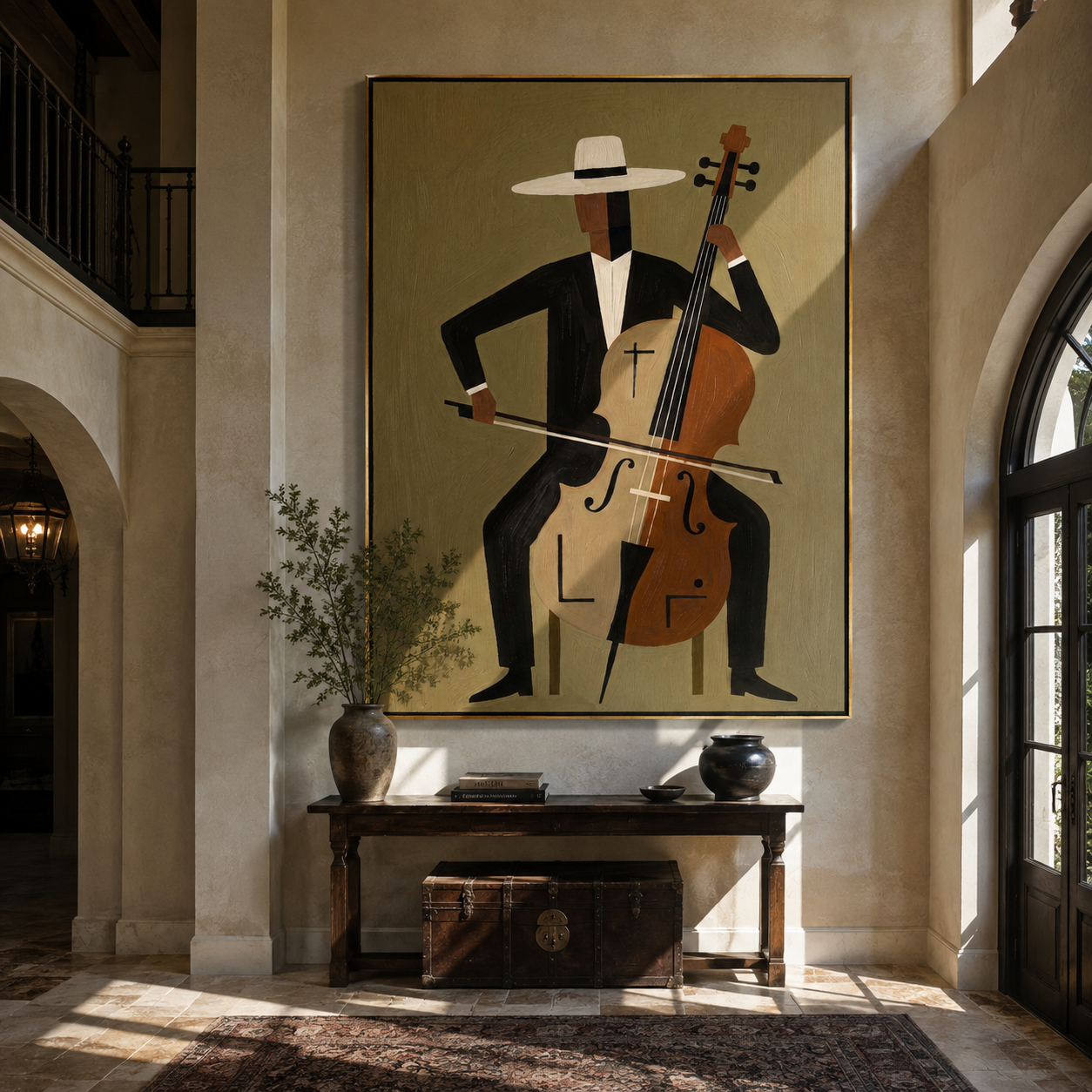 White Brim Conducts the Cello - Abstract Cellist Figure painting by Adrian Lee, mid-century modern vertical wall art – styled room scene view 3