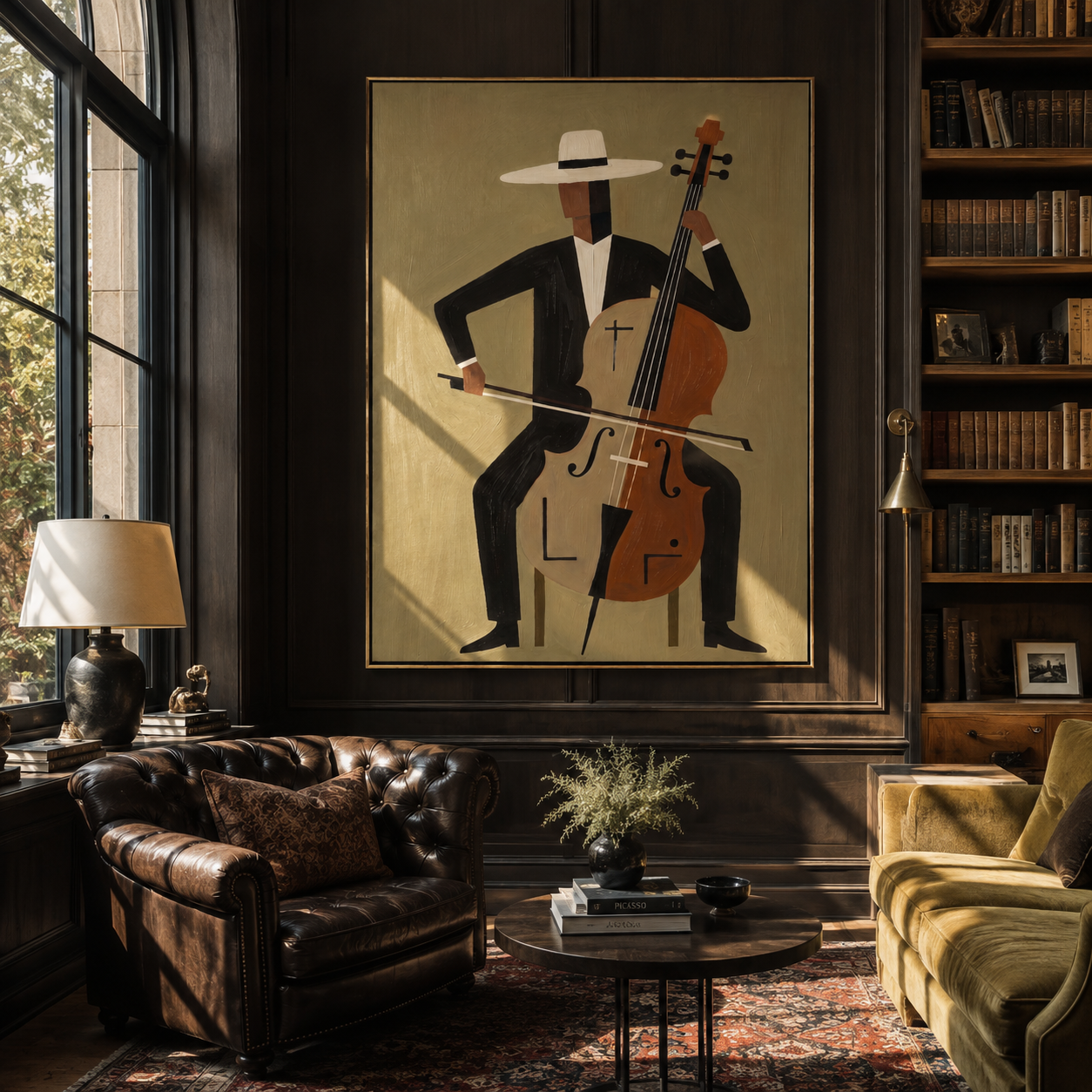 White Brim Conducts the Cello - Abstract Cellist Figure painting by Adrian Lee, mid-century modern vertical wall art – styled room scene view 4