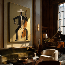 White Brim Conducts the Cello - Abstract Cellist Figure painting by Adrian Lee, mid-century modern vertical wall art – styled room scene view 5