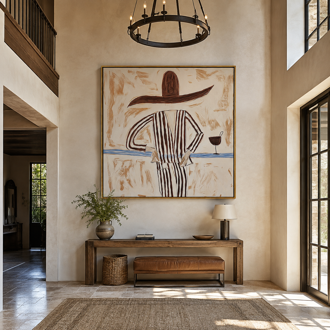 Brown Lines Wait beside Wine - Striped Standing Wine Figure painting by Adrian Lee, mid-century modern square wall art – styled room scene view 1