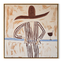 Brown Lines Wait beside Wine - Striped Standing Wine Figure painting by Adrian Lee, mid-century modern square wall art – wood frame on white background