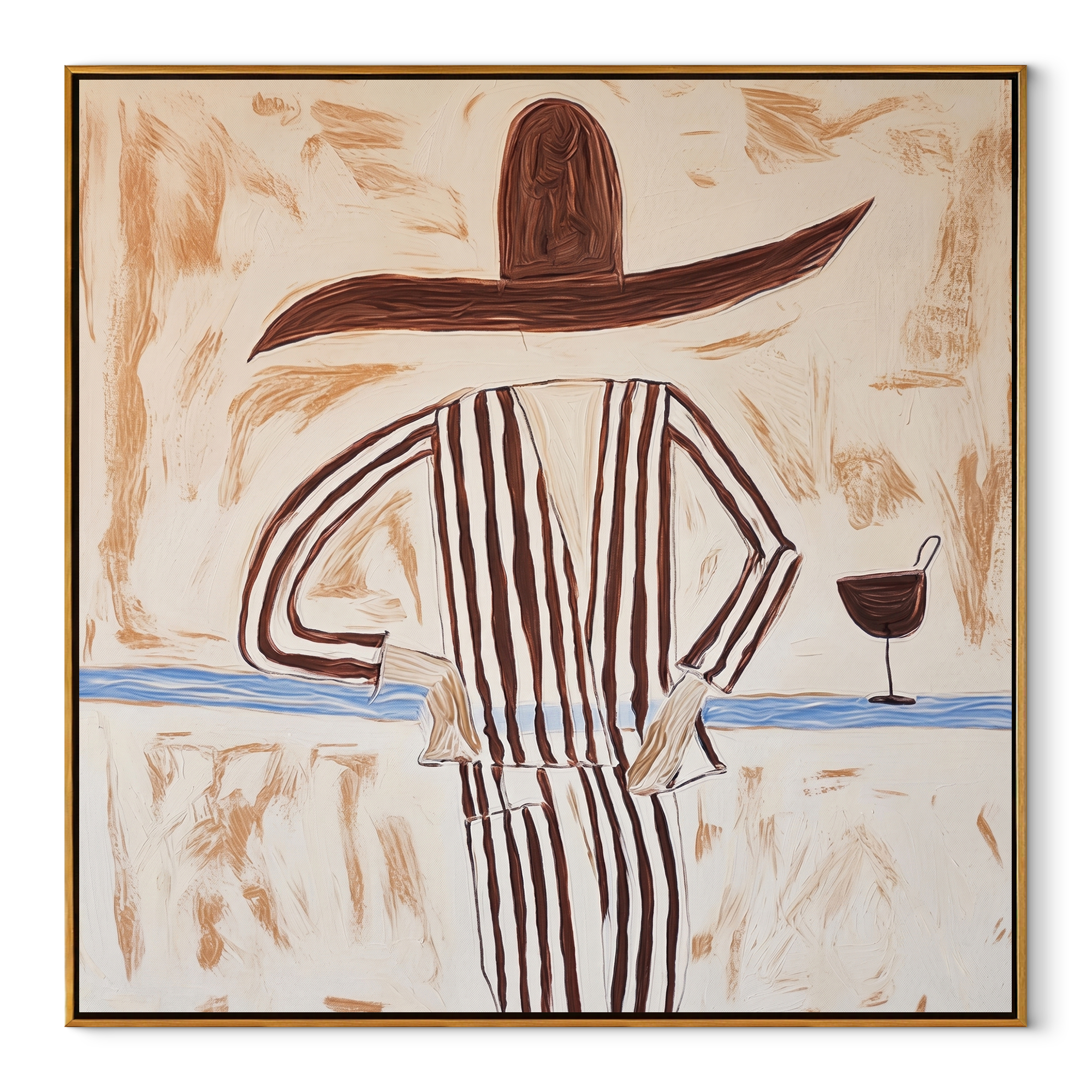 Brown Lines Wait beside Wine - Striped Standing Wine Figure painting by Adrian Lee, mid-century modern square wall art – wood frame on white background