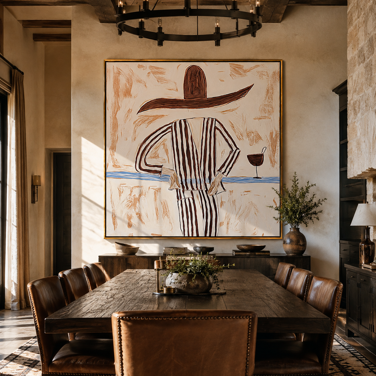 Brown Lines Wait beside Wine - Striped Standing Wine Figure painting by Adrian Lee, mid-century modern square wall art – styled room scene view 2