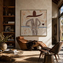 Brown Lines Wait beside Wine - Striped Standing Wine Figure painting by Adrian Lee, mid-century modern square wall art – styled room scene view 3