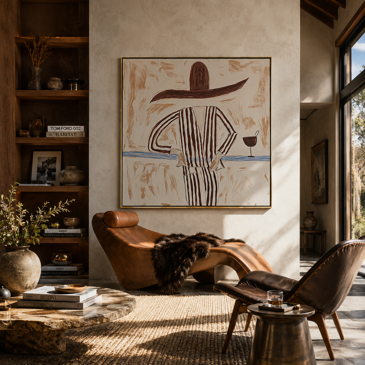Brown Lines Wait beside Wine - Striped Standing Wine Figure painting by Adrian Lee, mid-century modern square wall art – styled room scene view 3