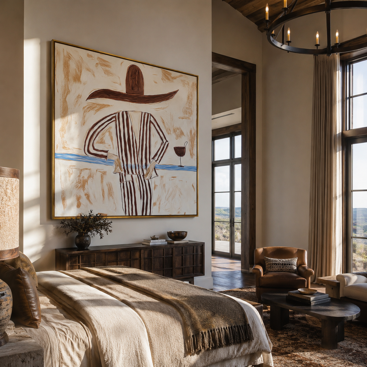 Brown Lines Wait beside Wine - Striped Standing Wine Figure painting by Adrian Lee, mid-century modern square wall art – styled room scene view 4