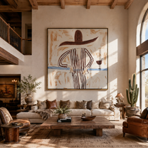 Brown Lines Wait beside Wine - Striped Standing Wine Figure painting by Adrian Lee, mid-century modern square wall art – styled room scene view 5